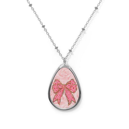 Pink Bow Oval Necklace - Elegant Floral Design for Women