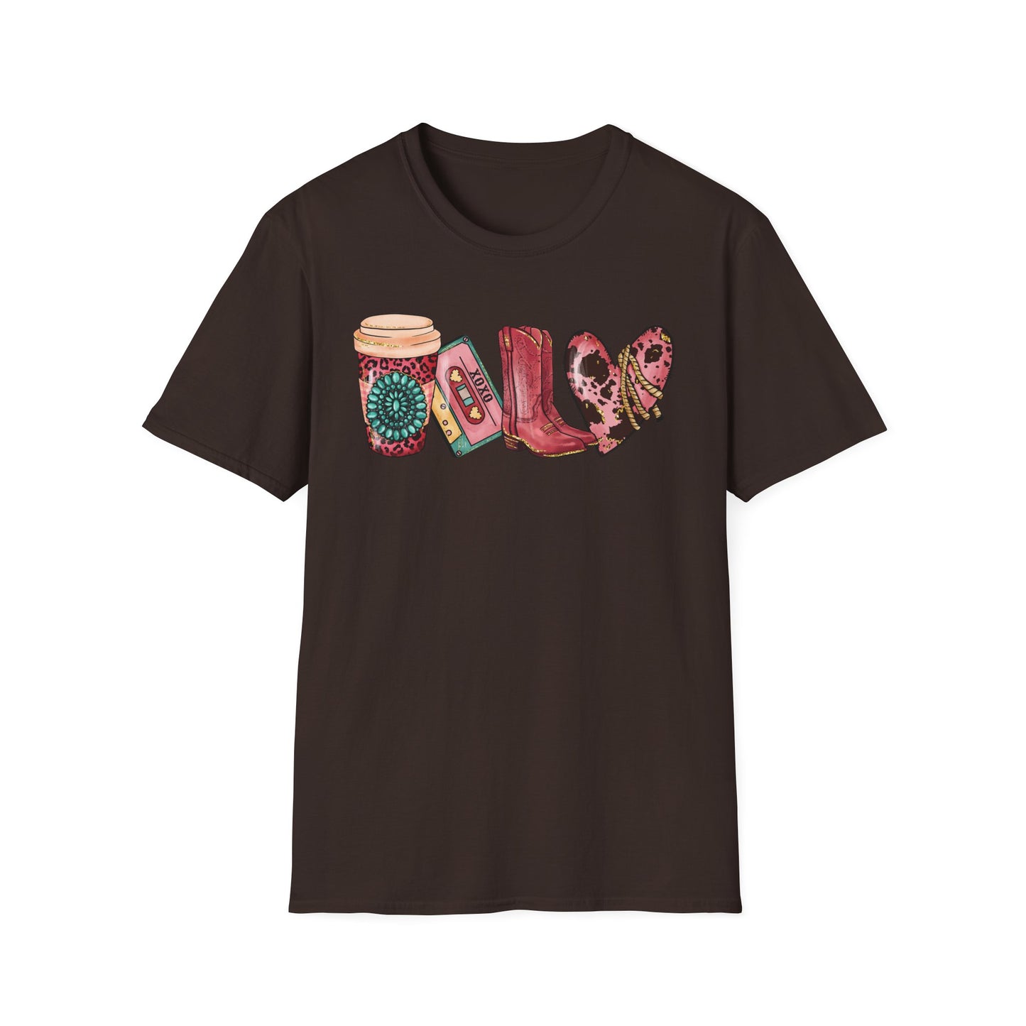 Western Cozy Vibes Unisex Softstyle T-Shirt | Stylish Coffee and Boots Design