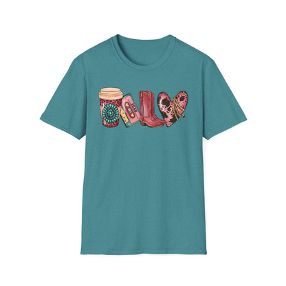 Western Cozy Vibes Unisex Softstyle T-Shirt | Stylish Coffee and Boots Design